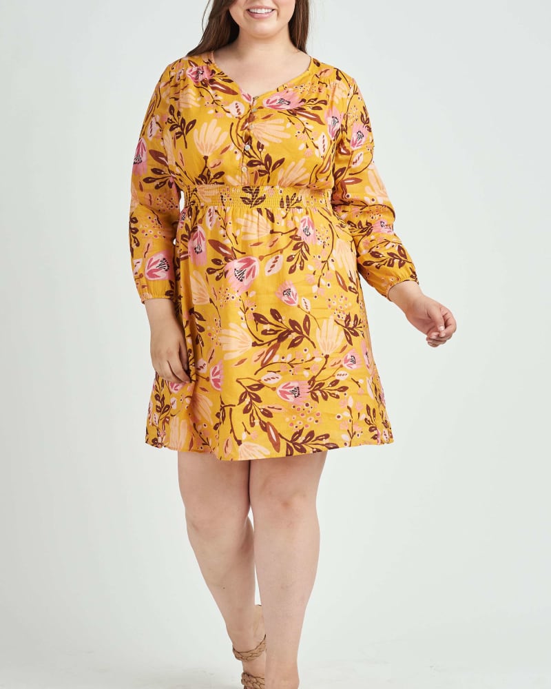 Front of a model wearing a size 2X Maren Long Sleeve Dress in M071 GOLDEN YELLOW by Daniel Rainn. | dia_product_style_image_id:297473